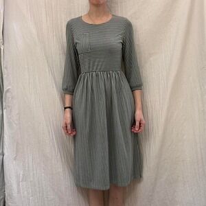 Grey and White Striped Midi Dress with 3/4 sleeves and Pockets by Merokeety Sm
